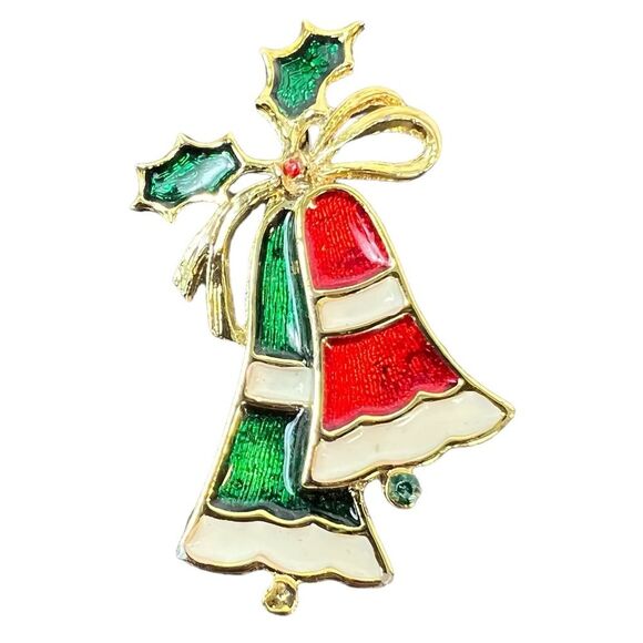 Vintage Beatrix Christmas Bells Enamel Signed Brooch Pin - Picture 1 of 6